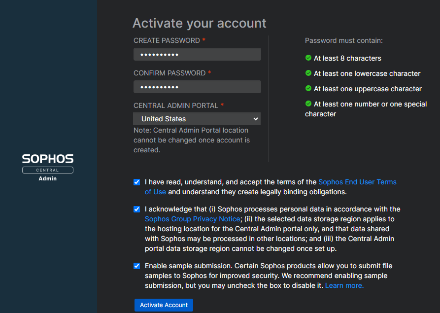 Account activation page.
