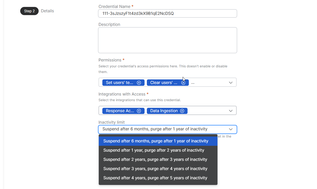 Details page showing Inactivity limit.