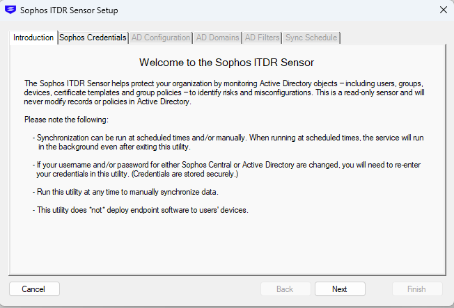 ITDR sensor setup wizard.