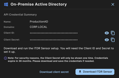 API credential summary.