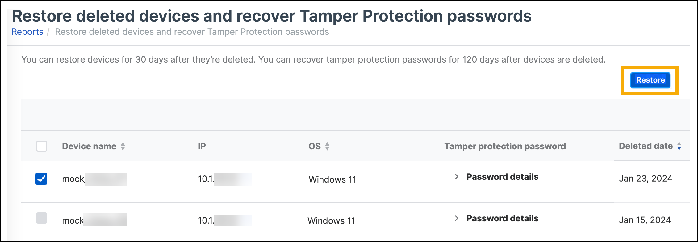 List of deleted devices.