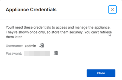 Appliance credentials pop-up.