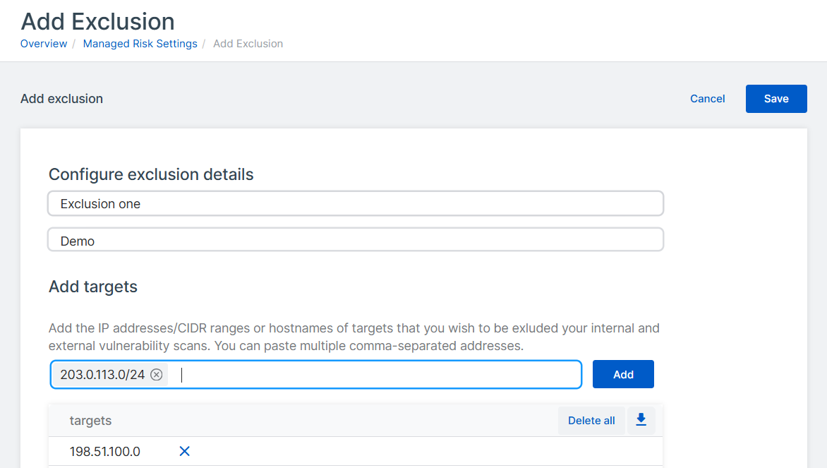 The "Add Exclusions" page.