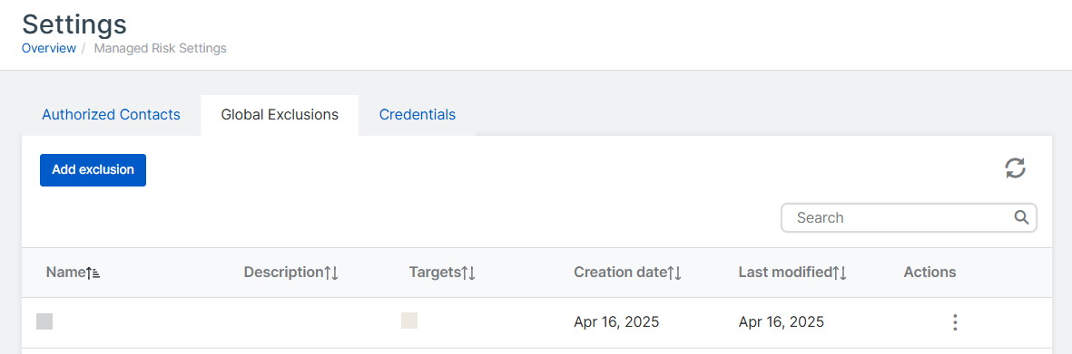 The "Global exclusions" tab showing the "Add exclusion" button.