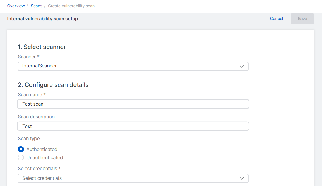 "Create vulnerability scan" page.