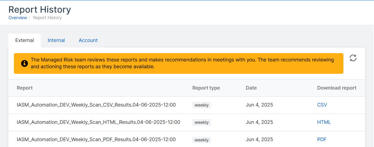 Report history page.
