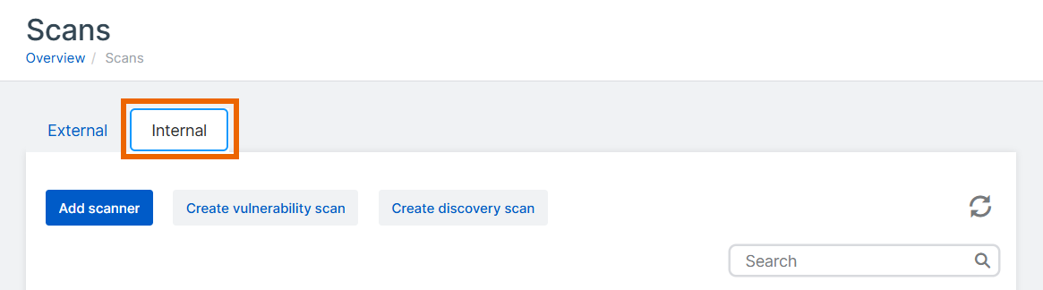 "Scans" page with the "Internal" tab selected.