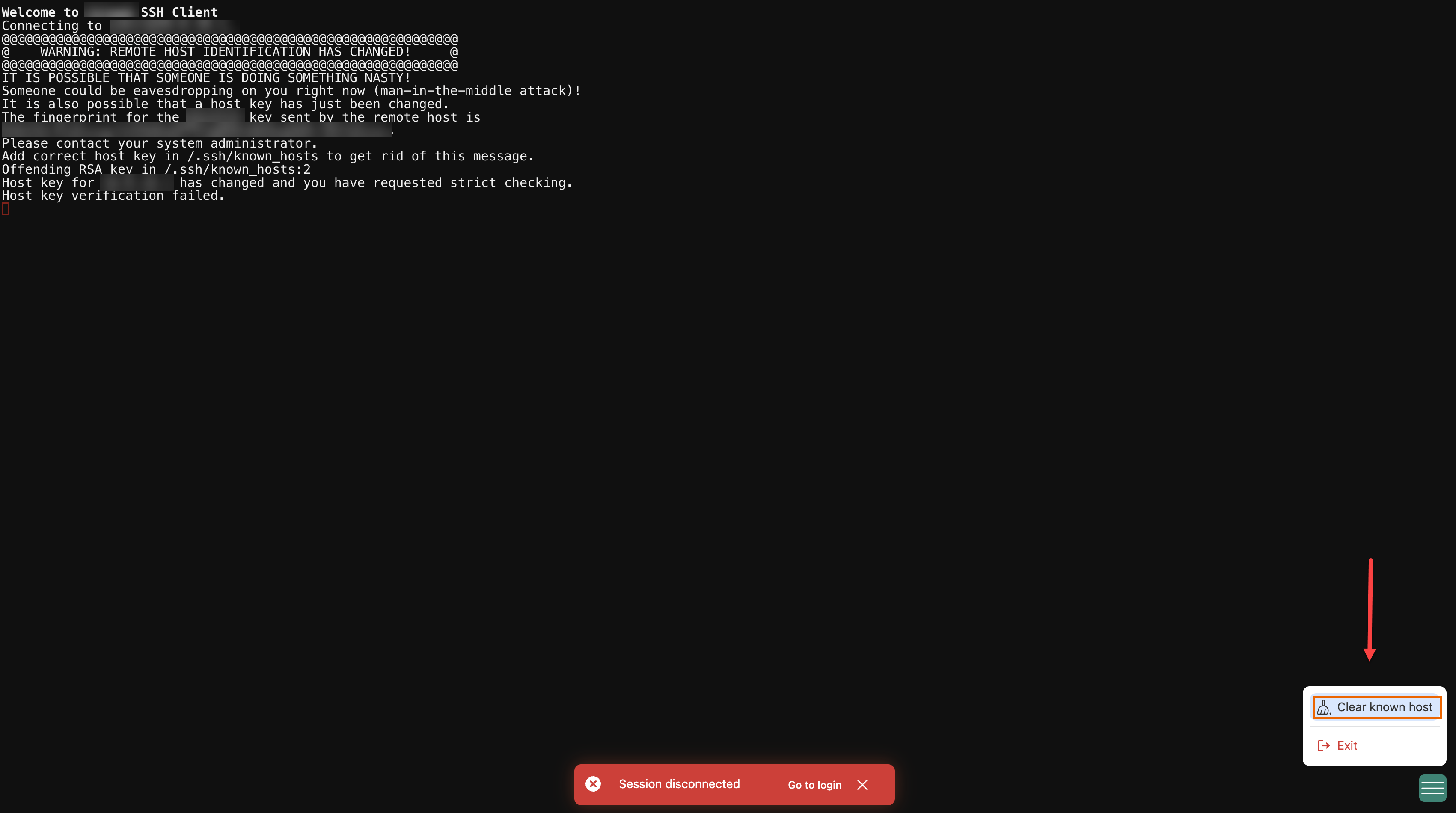 Clear known host option.