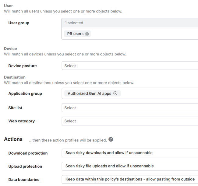 Web policy settings for authorized Gen AI apps.