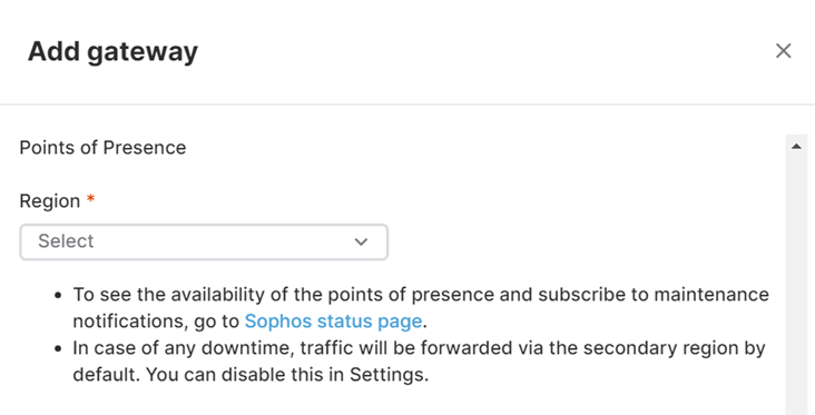 Add Gateway page - points of presence option.