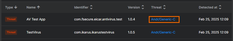 Threat link on the Scan results tab.