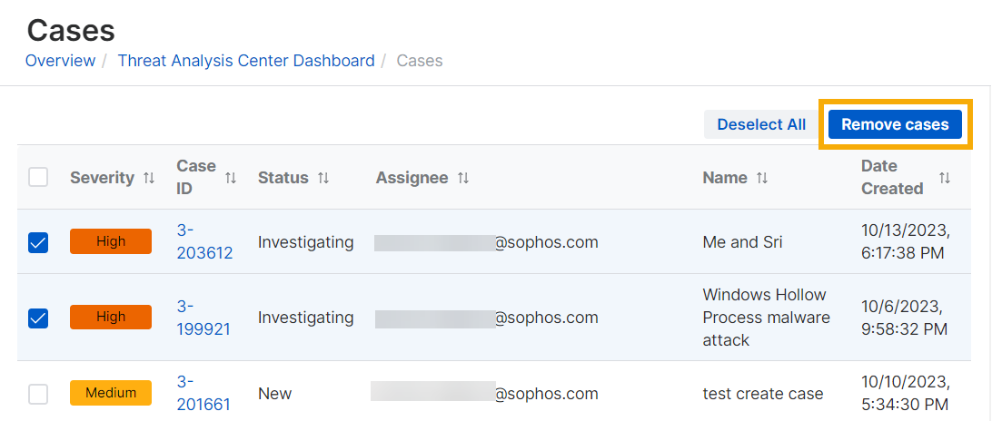 Cases list with cases selected for removal.