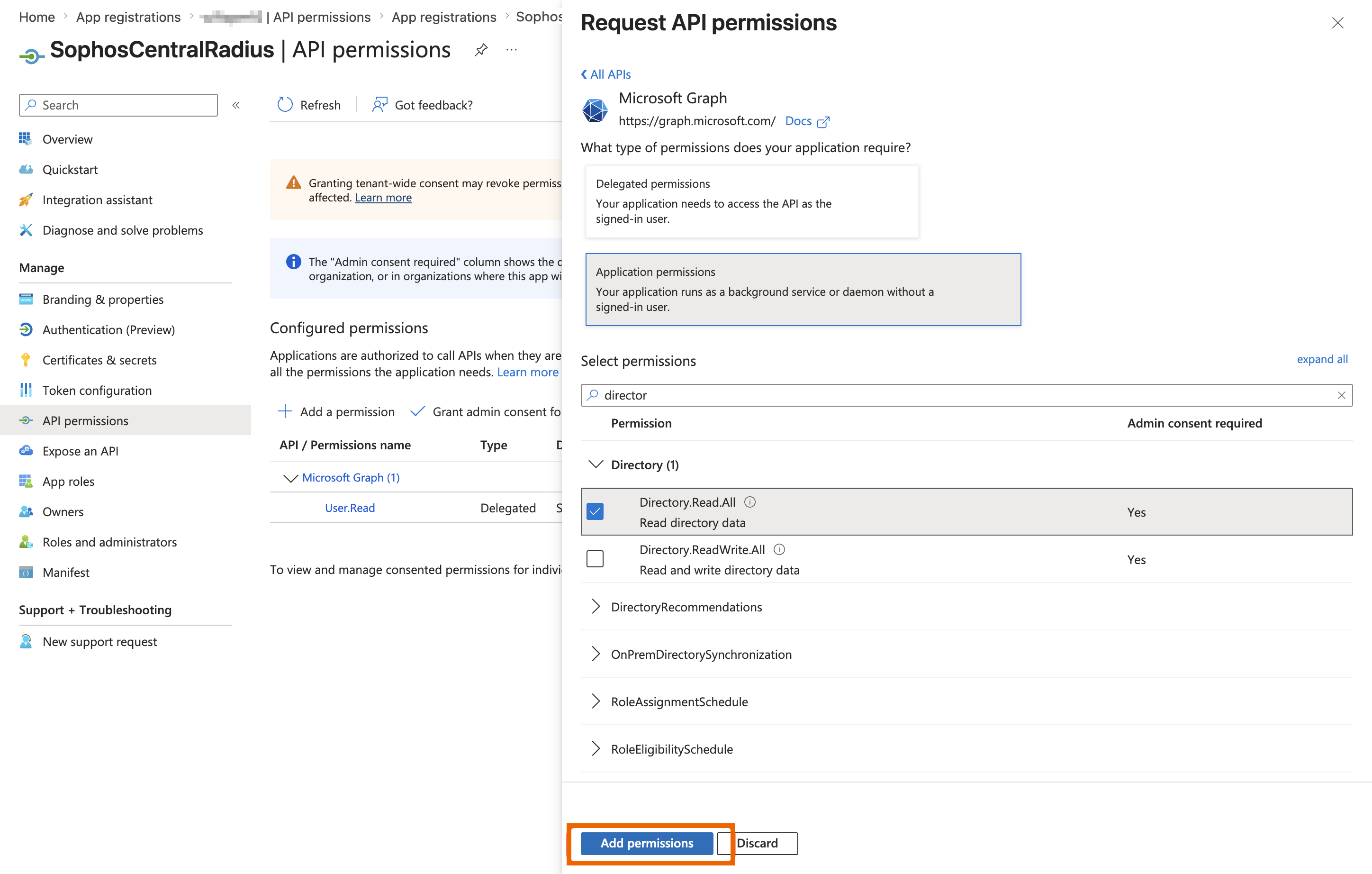 Microsoft Graph API permissions page with the Directory.Read.All application permission selected and the Add permissions button highlighted.