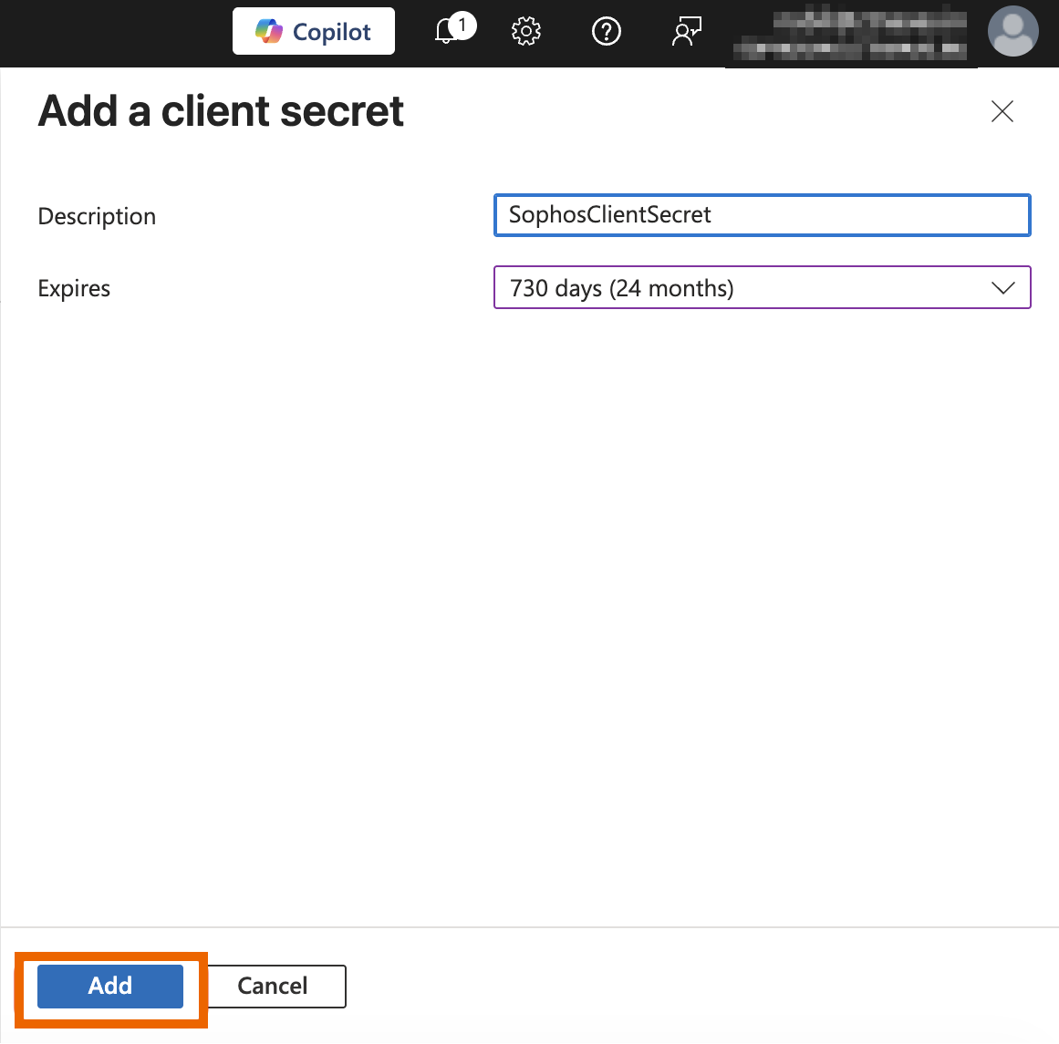Add a client secret page in Microsoft Entra admin center with the Add button highlighted.