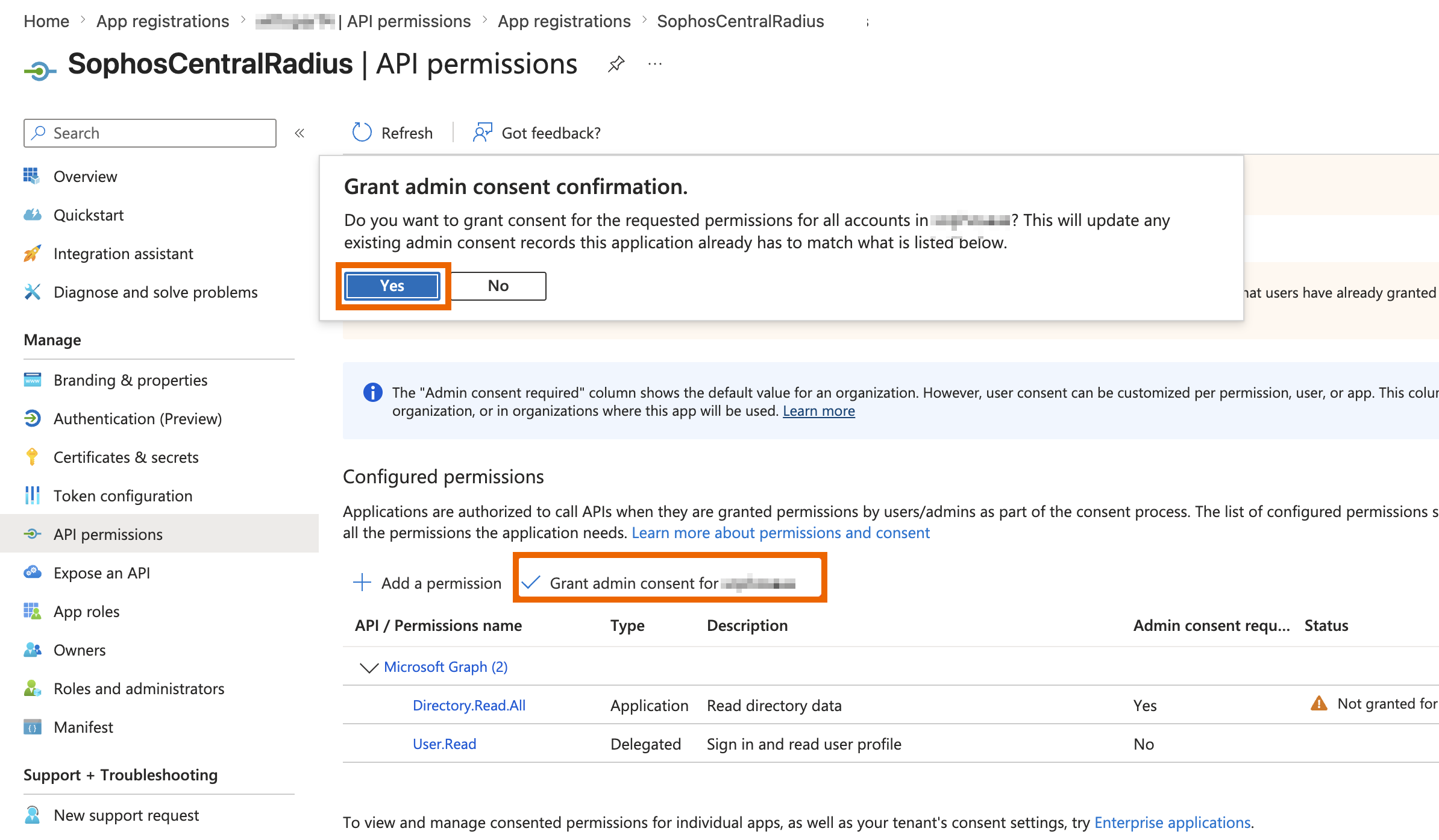 Grant admin consent confirmation dialog in Microsoft Entra admin center with the Yes button highlighted.