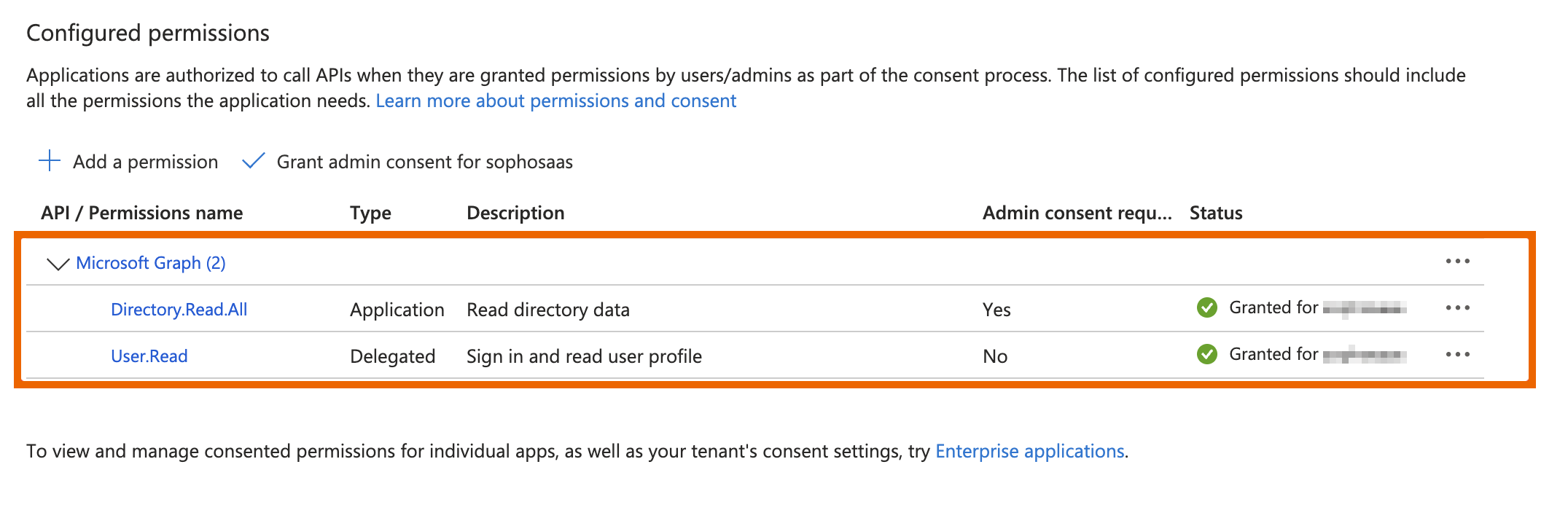 Configured permissions page showing the Directory.Read.All and User.Read permissions with status Granted.