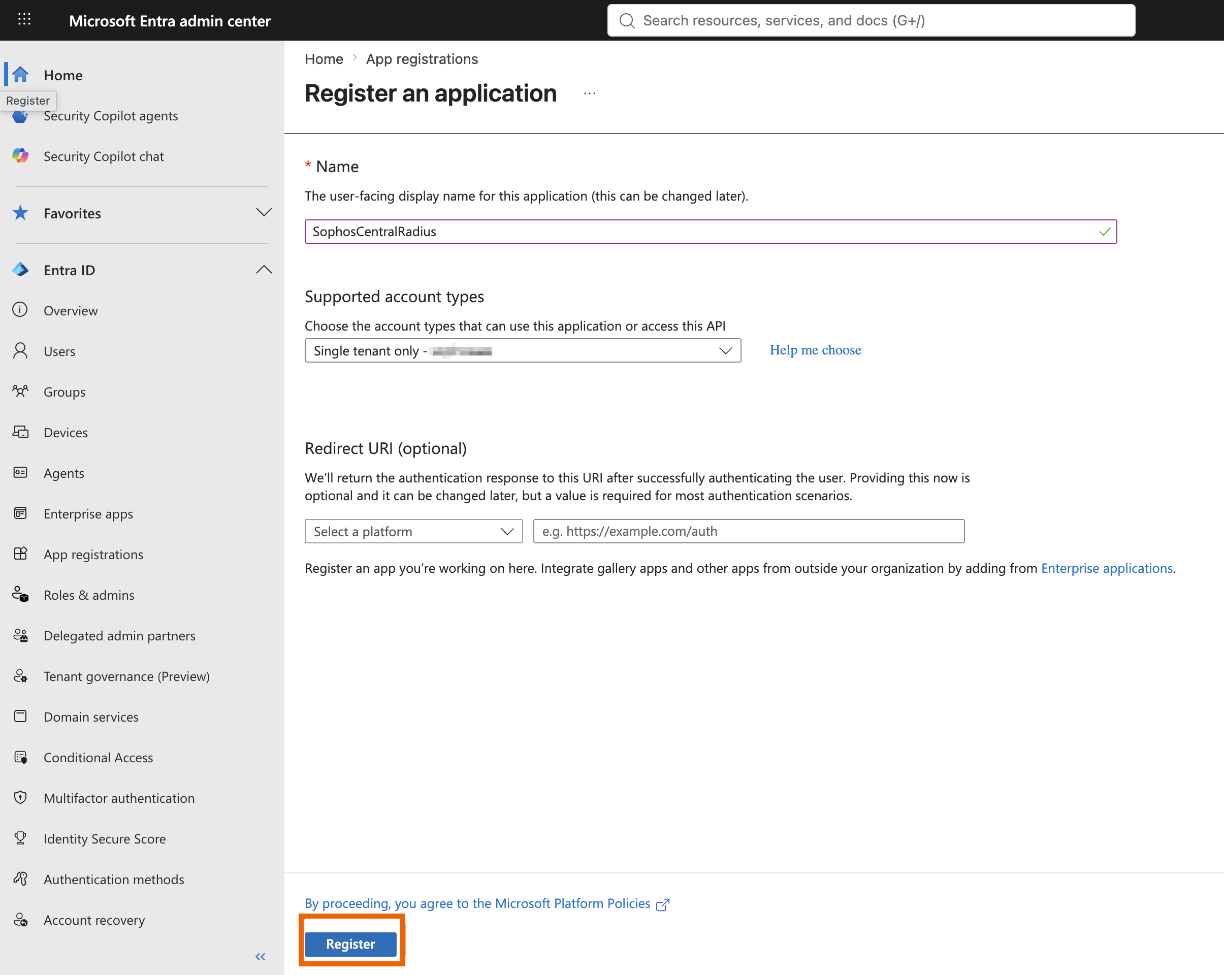 Microsoft Entra admin center page for registering a new application.