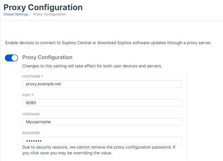 Proxy configuration page.