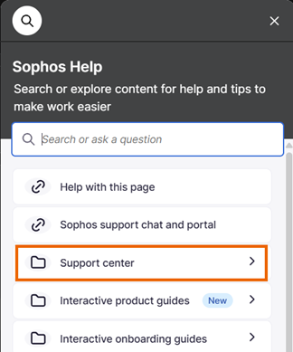 "Support center" menu.