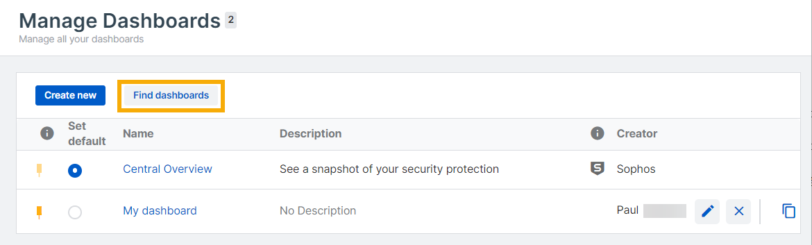 "Manage dashboards" page showing the "Find dashboards" button.