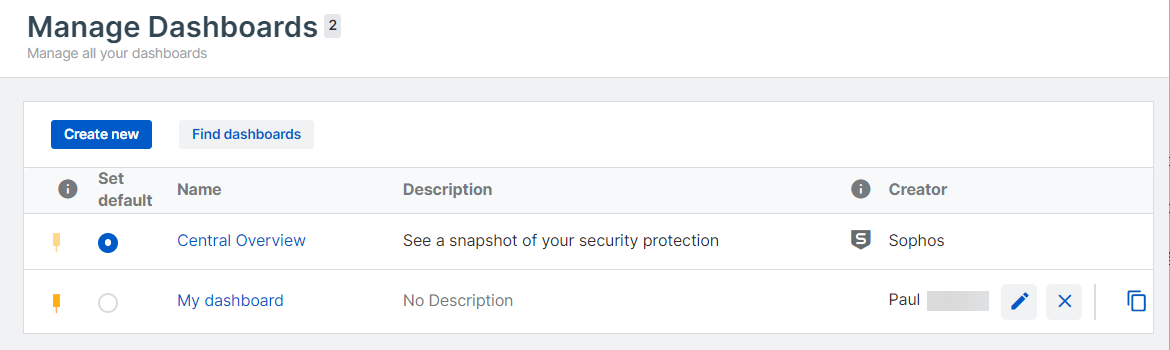 Manage dashboards page.