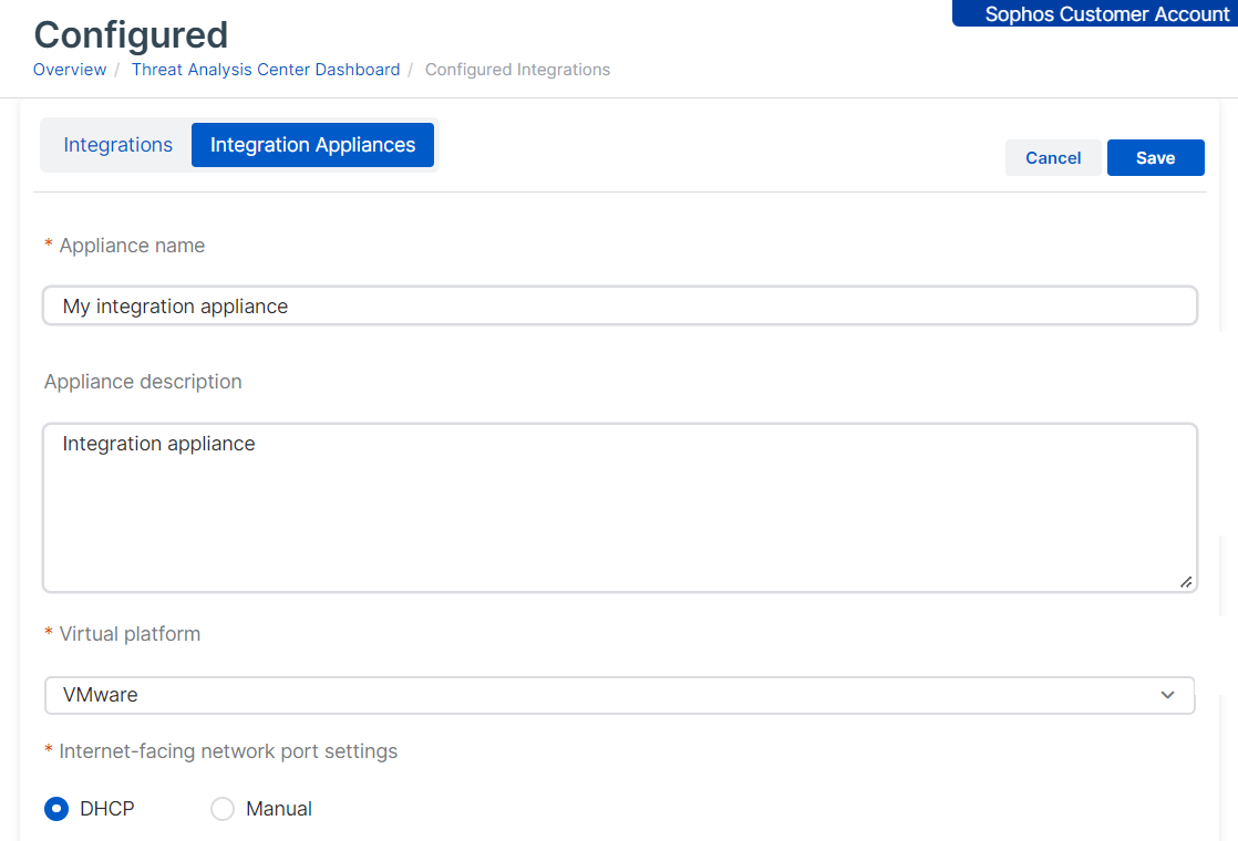 Integration appliance settings.