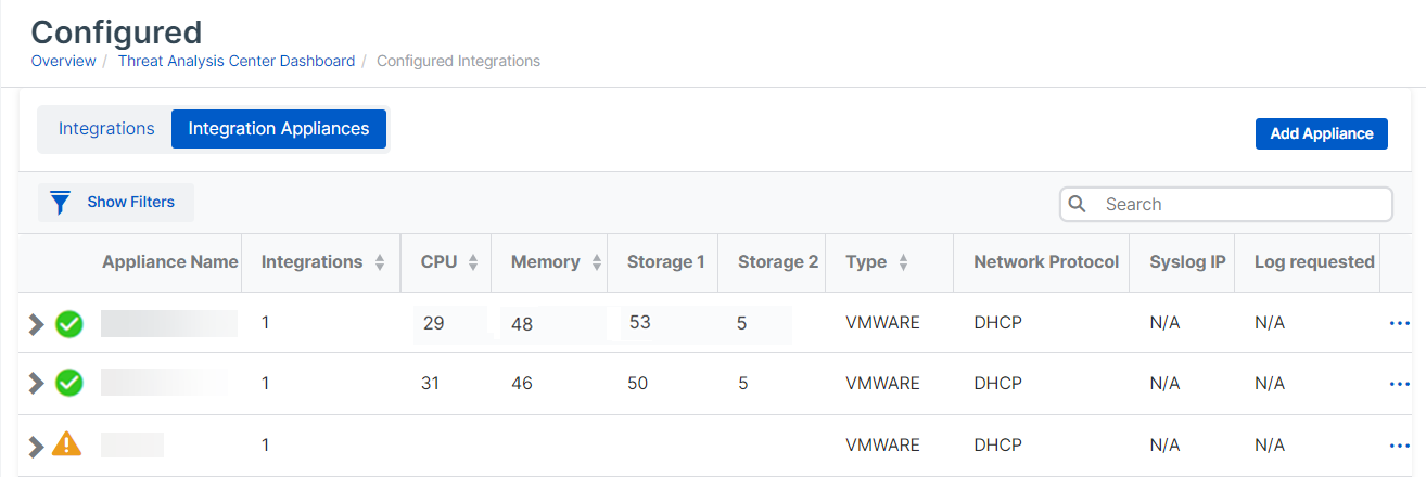 Integration Appliances list.
