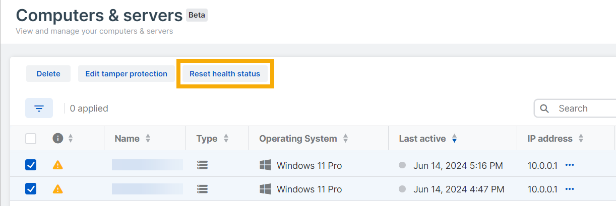 "Reset health status" button.