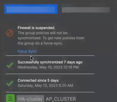 HA primary firewall information with force sync link.
