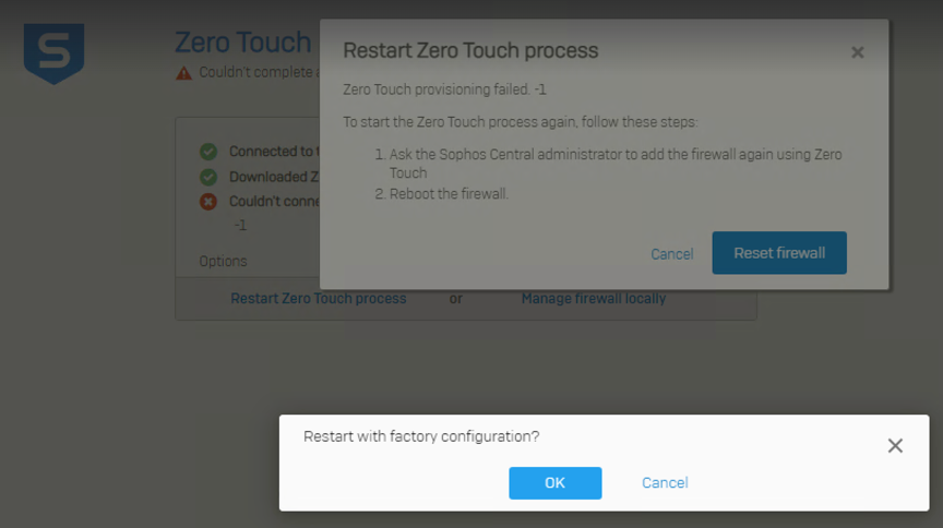 Restart firewall with factory configuration.