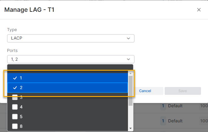 Manage LAG window, add ports.