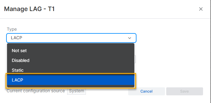 Manage LAG window, select type.