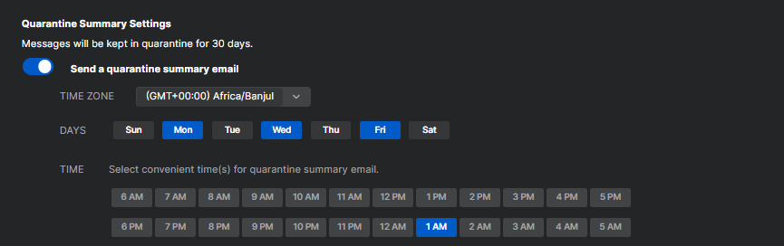 Configure Quarantine Summary Settings.