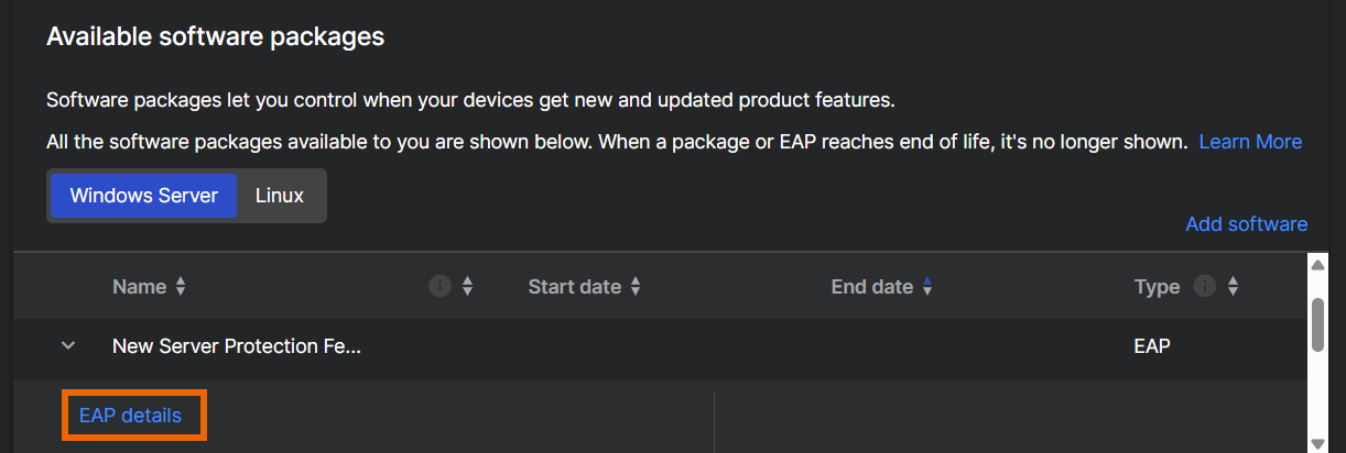 Package details with "EAP details" link.