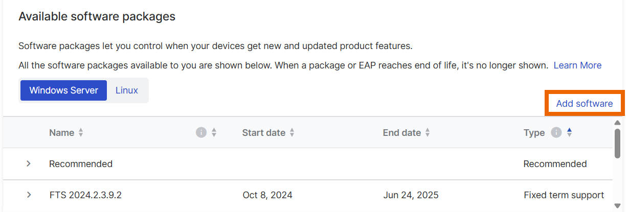 Packages list with "Add software" link highlighted.