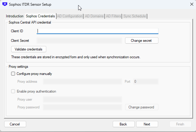 Sophos credentials entry.