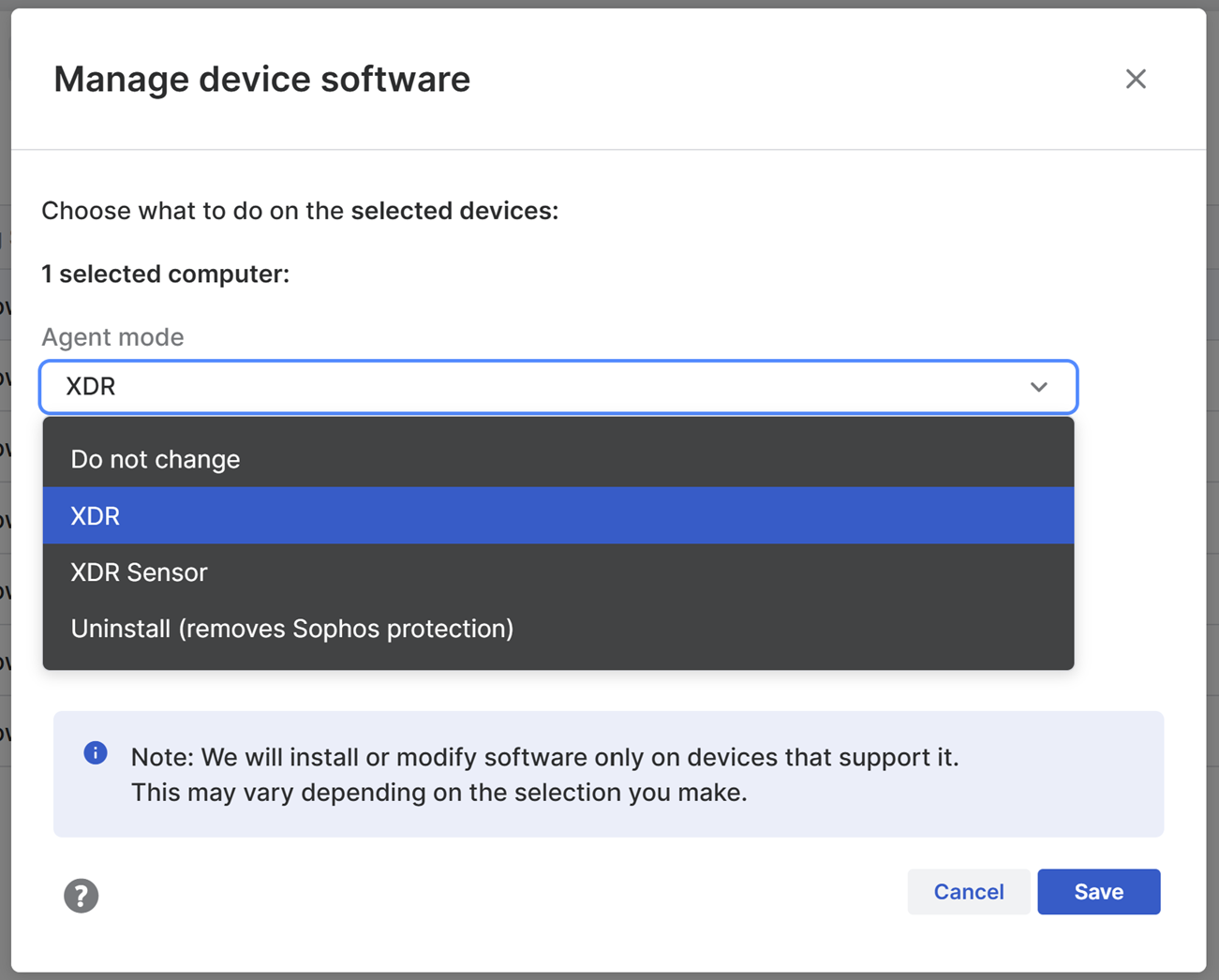 Manage endpoint software dialog.