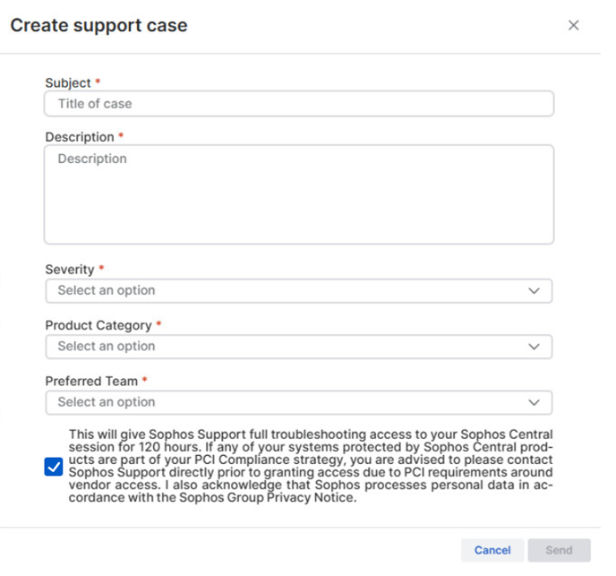 Create support case form.