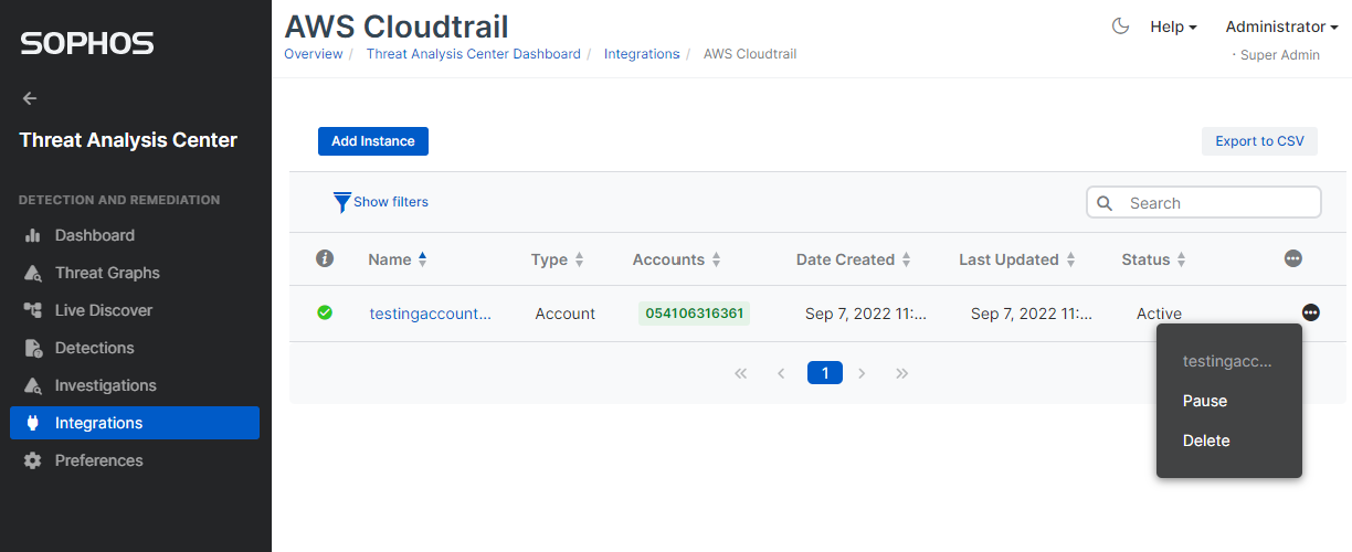 AWS CloudTrail integration settings menu