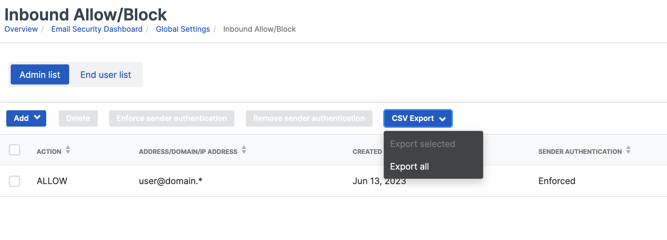 Exporting customer domains and addresses in CSV format.