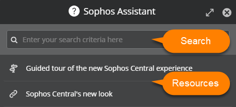 The Sophos Assistant window with the search bar at the top and the list of help resources below.