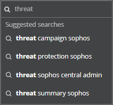 The search bar with the term "threat" entered and a list of suggested search terms.