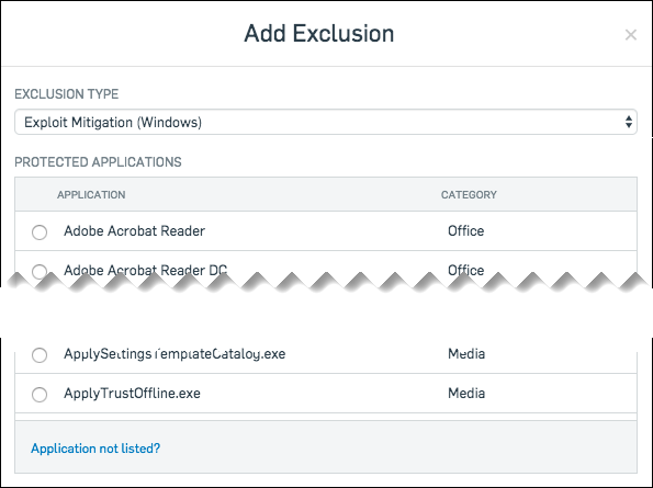 "Add Exclusion" showing a list of protected applications.