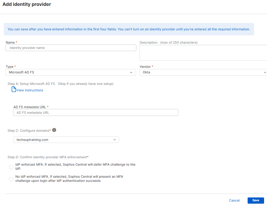 Setting up Microsoft AD FS as an identity provider.