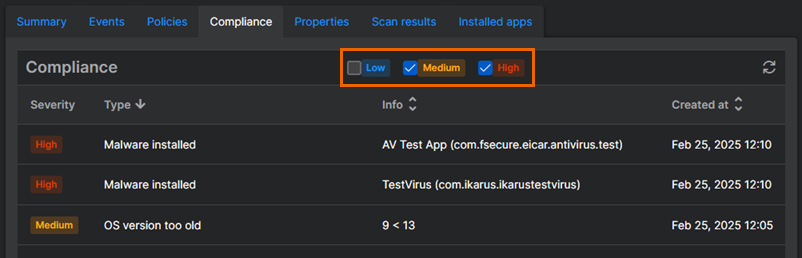 Violation severity filter.