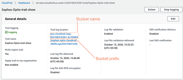 Captura de pantalla que muestra las secciones de la ubicación de CloudTrail para copiar el nombre y el prefijo del bucket
