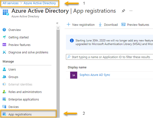 Captura de pantalla que muestra Azure Active Directory y Registros de aplicaciones.