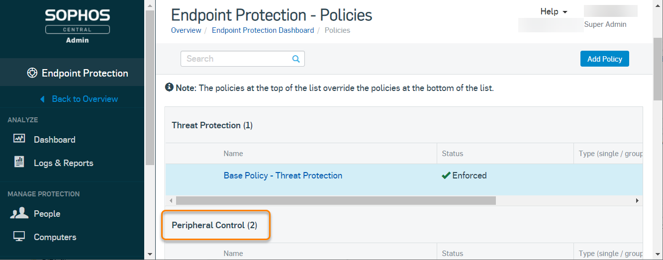 Configurar políticas - Sophos Central Admin