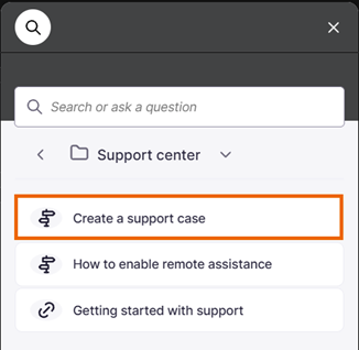 Option « Créer un dossier de support » dans le menu « Centre de support ».