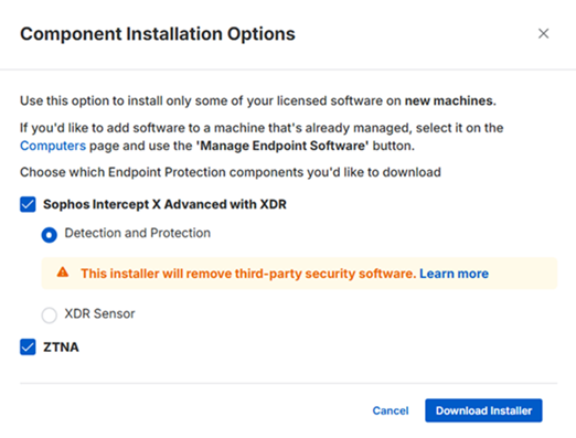 Options d’installation des composants.